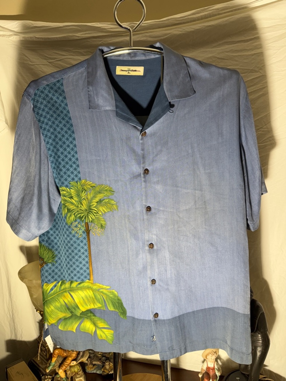 Tommy Bahama Blue Short-Sleeve Button-Down with Green Palm & Yellow Leaf Accents